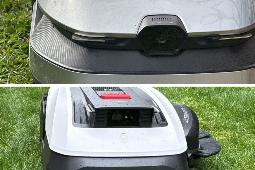 Nahaufnahme des Frontsensors des Dreame A2 und ECOVACS GOAT O1200 LiDAR PRO mit sichtbarer Kamera und ToF-Einheit im Test und Vergleich